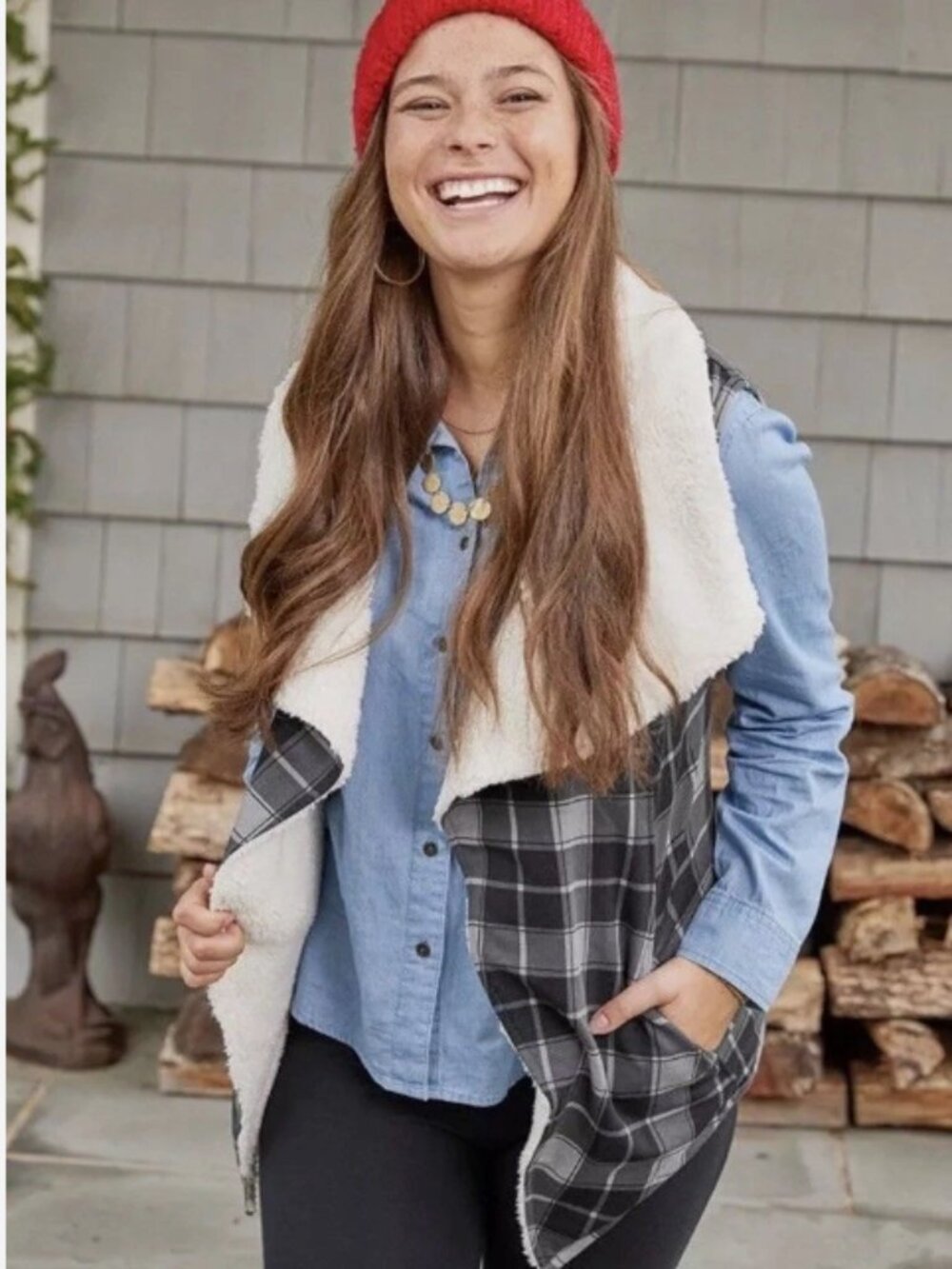 Womens Matilda Jane Cozy Up Full Moon Reversible Plaid Sherpa Vest Fall size XS
